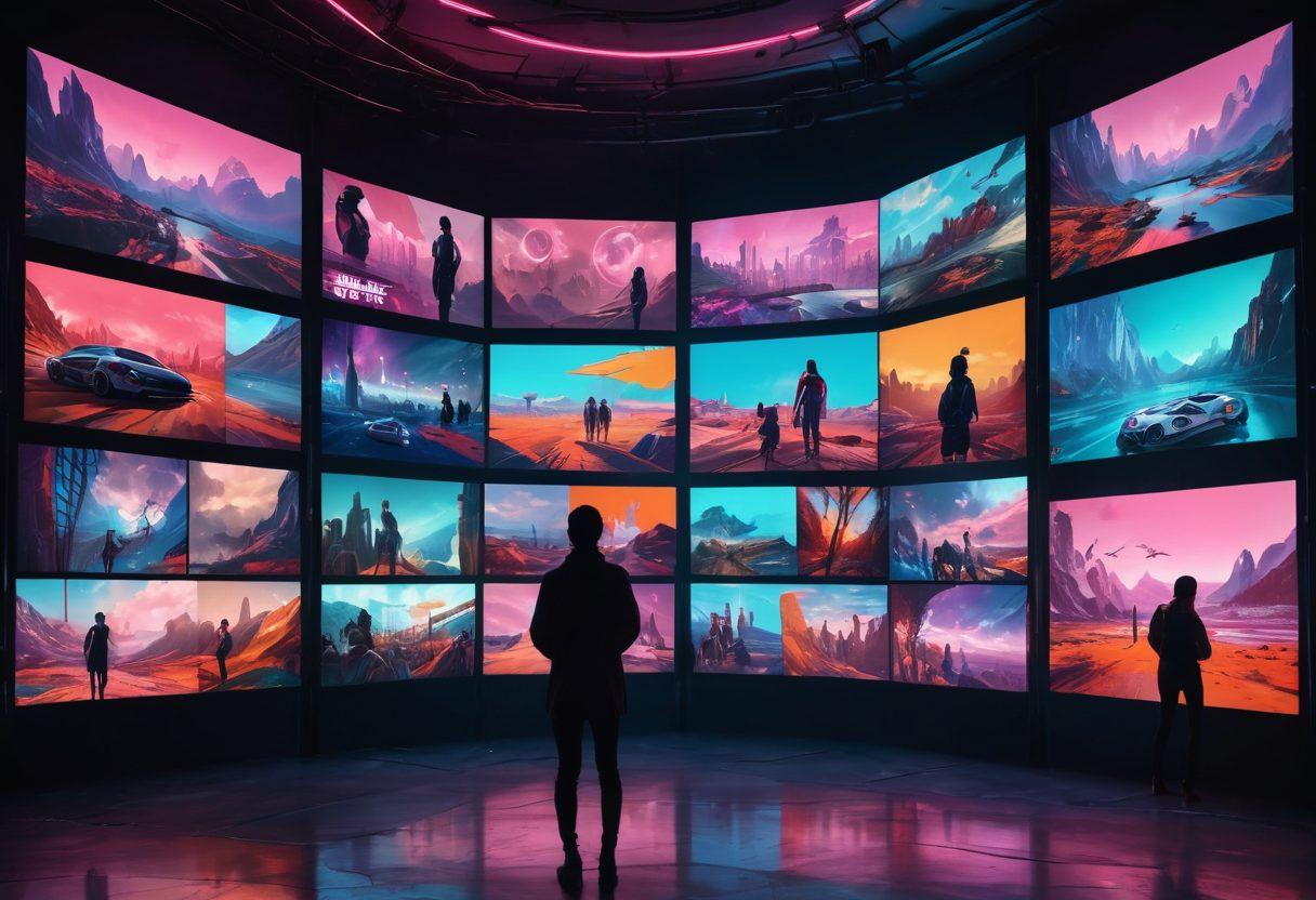 A surreal scene showcasing various video screens displaying adult-themed content, each screen with diverse themes - from artistic to playful. The background features soft lighting and abstract shapes to create an immersive atmosphere. Include subtle silhouettes of people observing the screens, representing curiosity and exploration. Integrate the elements of voyeurism with an artistic flair. vibrant colors. cyberpunk style.
