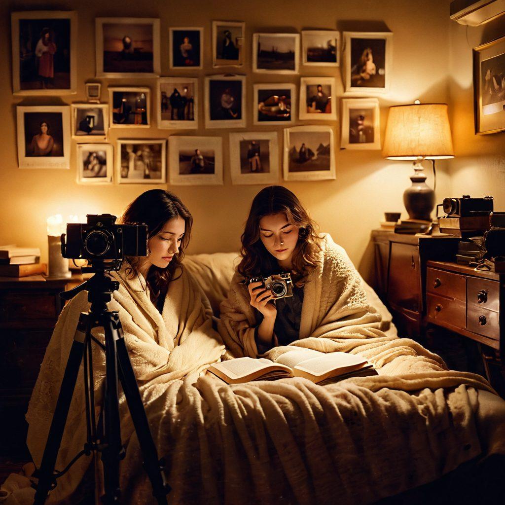 A dimly lit, cozy room featuring a vintage camera on a tripod capturing a candid moment between two people, wrapped in soft blankets, sharing intimate stories. The walls are adorned with personal photographs and handwritten notes, evoking warmth and connection. The atmosphere is filled with subtle sensuality and authenticity, illuminated by warm, soft lighting. painterly style, warm colors, intimate setting.